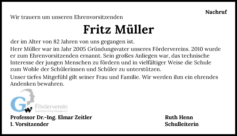  Traueranzeige für Fritz Müller vom 07.12.2021 aus GESAMT