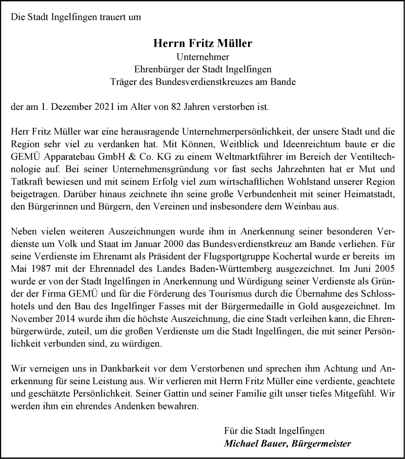  Traueranzeige für Fritz Müller vom 04.12.2021 aus GESAMT