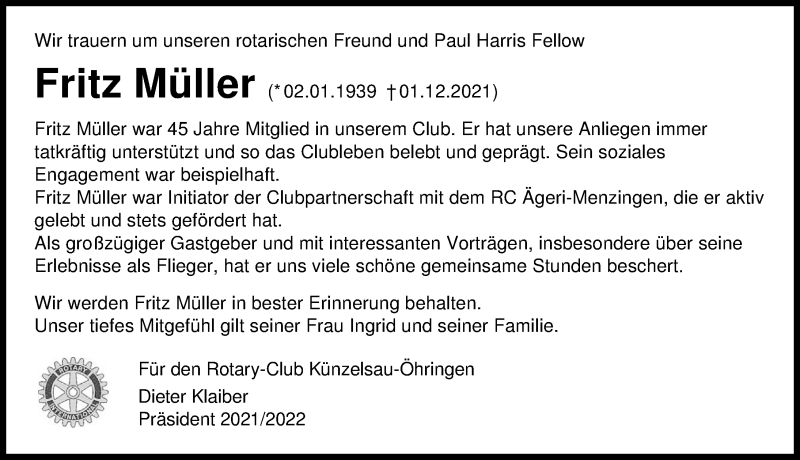  Traueranzeige für Fritz Müller vom 07.12.2021 aus GESAMT