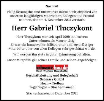 Traueranzeige von Gabriel Tluczykont von GESAMT