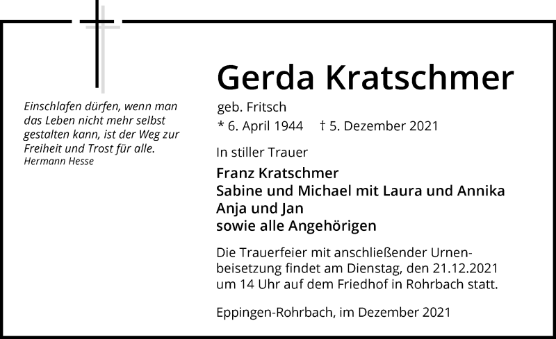  Traueranzeige für Gerda Kratschmer vom 18.12.2021 aus GESAMT