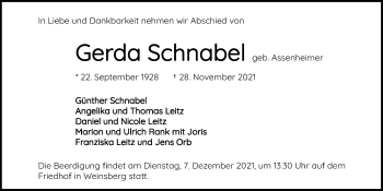 Traueranzeige von Gerda Schnabel von GESAMT