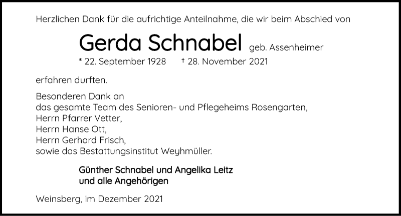  Traueranzeige für Gerda Schnabel vom 22.12.2021 aus GESAMT