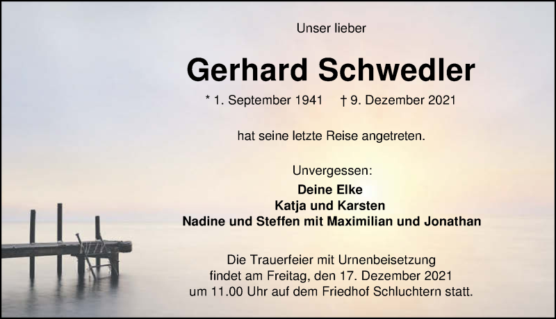  Traueranzeige für Gerhard Schwedler vom 15.12.2021 aus GESAMT
