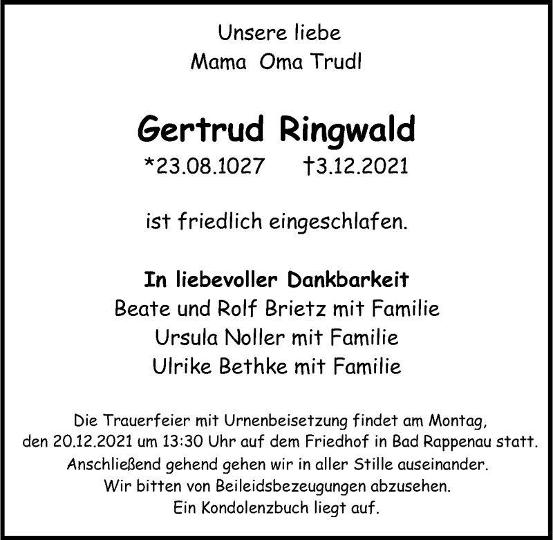  Traueranzeige für Gertrud Ringwald vom 11.12.2021 aus GESAMT