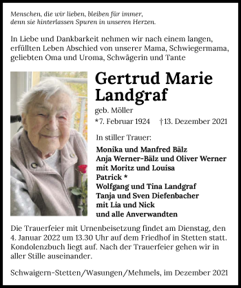 Traueranzeige von Gertrud Marie Landgraf von GESAMT