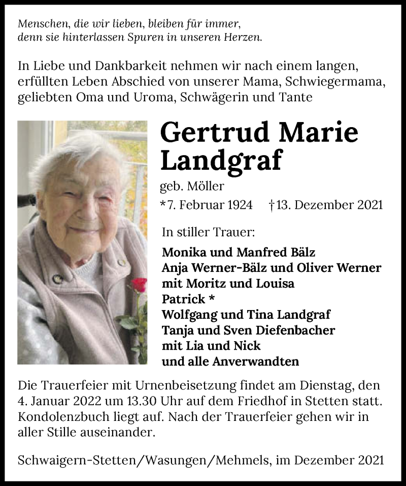  Traueranzeige für Gertrud Marie Landgraf vom 31.12.2021 aus GESAMT