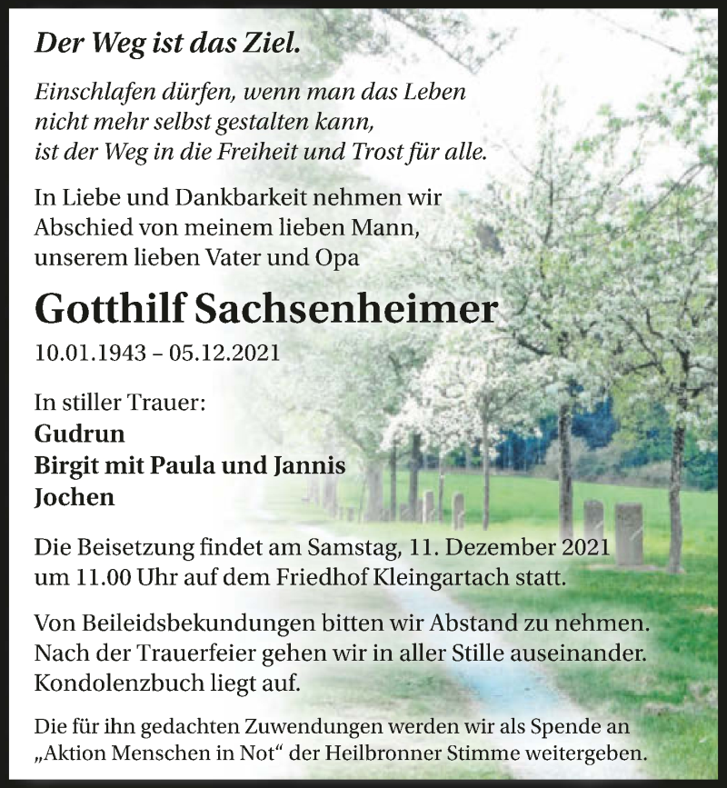  Traueranzeige für Gotthilf Sachsenheimer vom 09.12.2021 aus GESAMT