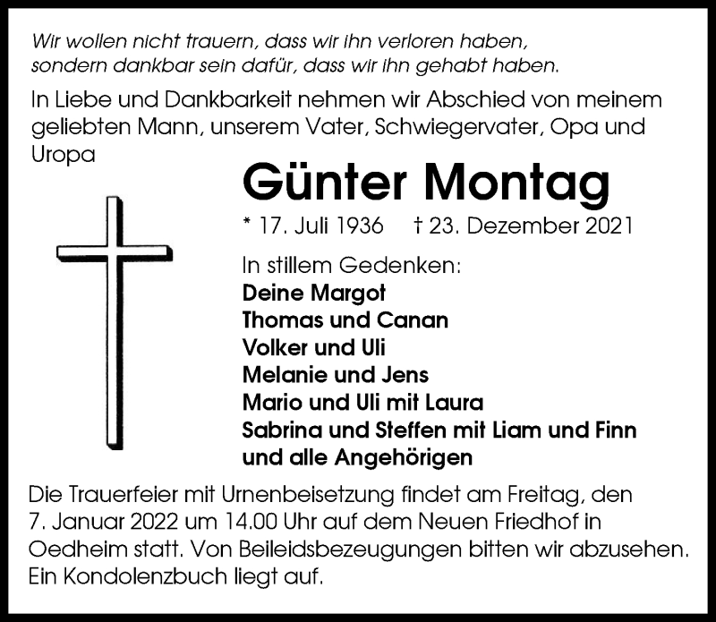  Traueranzeige für Günter Montag vom 31.12.2021 aus GESAMT