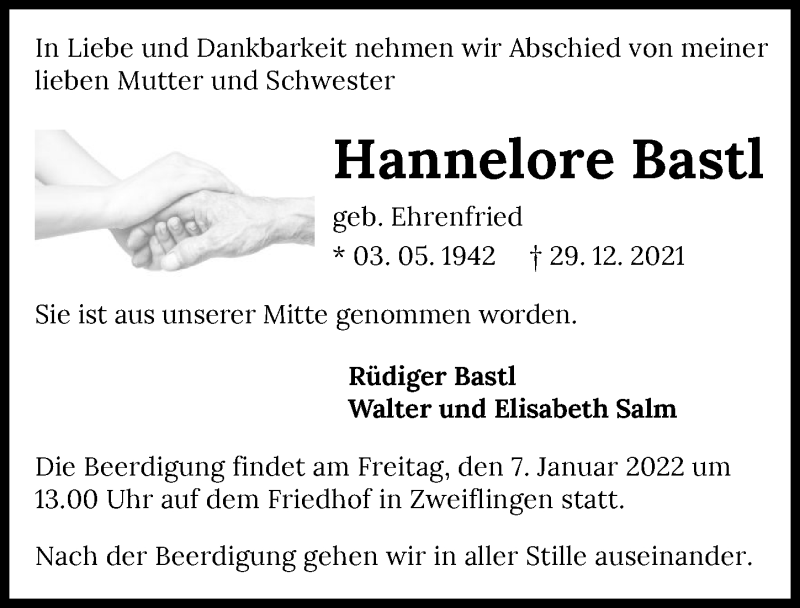  Traueranzeige für Hannelore Bastl vom 31.12.2021 aus GESAMT