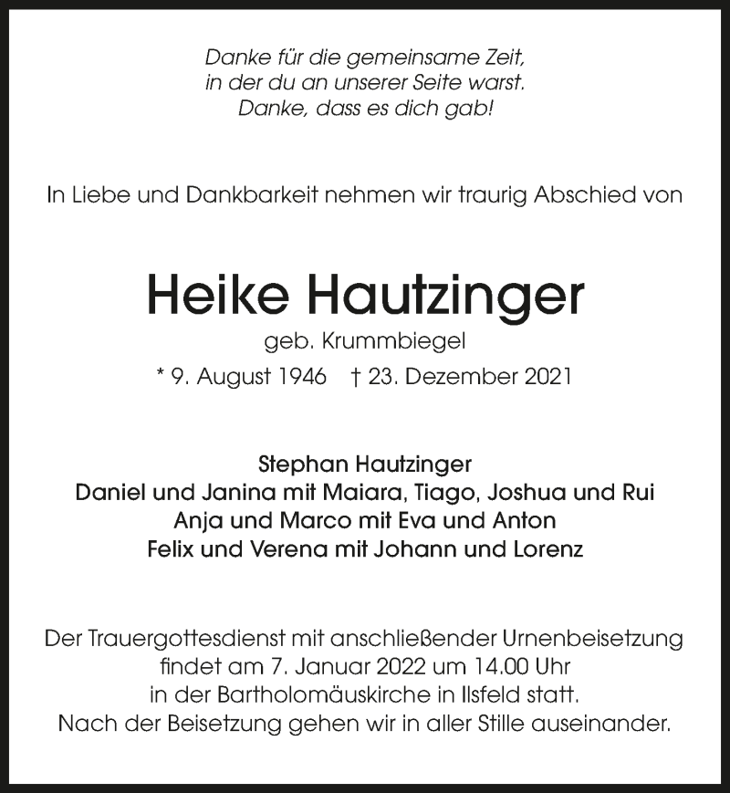  Traueranzeige für Heike Hautzinger vom 31.12.2021 aus GESAMT