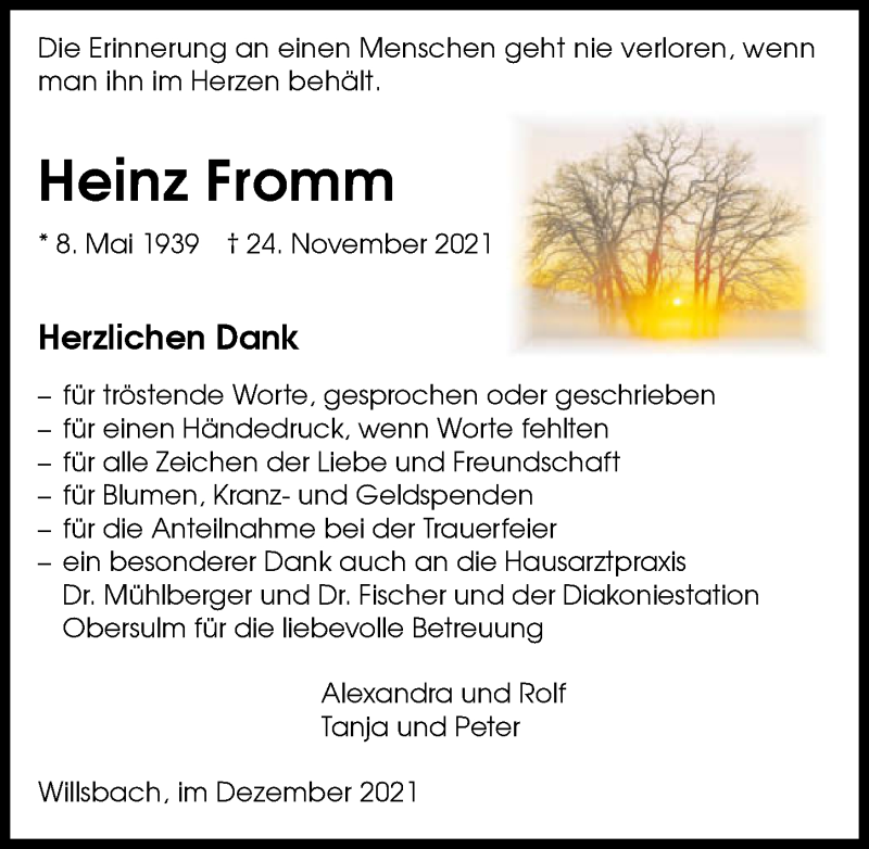  Traueranzeige für Heinz Fromm vom 30.12.2021 aus GESAMT