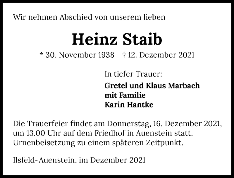  Traueranzeige für Heinz Staib vom 14.12.2021 aus GESAMT
