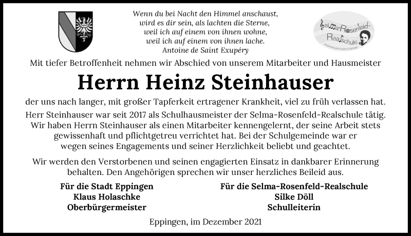  Traueranzeige für Heinz Steinhauser vom 22.12.2021 aus GESAMT