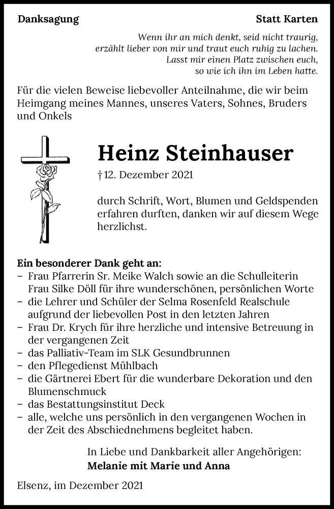  Traueranzeige für Heinz Steinhauser vom 22.12.2021 aus GESAMT