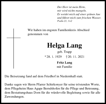 Traueranzeige von Helga Lang von GESAMT