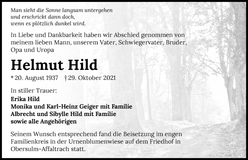  Traueranzeige für Helmut Hild vom 04.12.2021 aus GESAMT