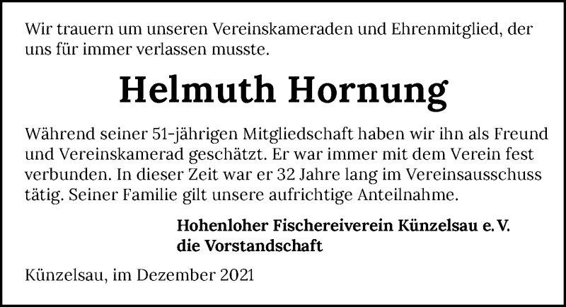  Traueranzeige für Helmuth Hornung vom 21.12.2021 aus GESAMT