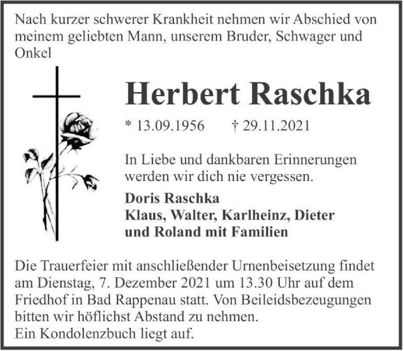  Traueranzeige für Herbert Raschka vom 04.12.2021 aus GESAMT