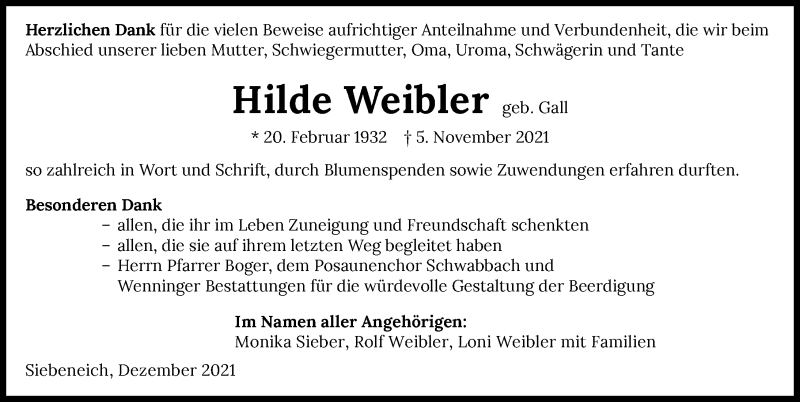  Traueranzeige für Hilde Weibler vom 10.12.2021 aus GESAMT