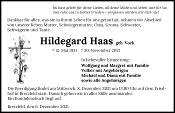 Traueranzeige von Hildegard Haas von GESAMT