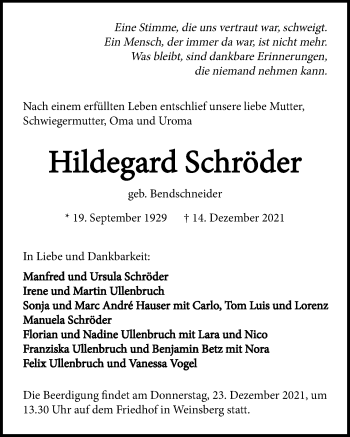 Traueranzeige von Hildegard Schröder von GESAMT