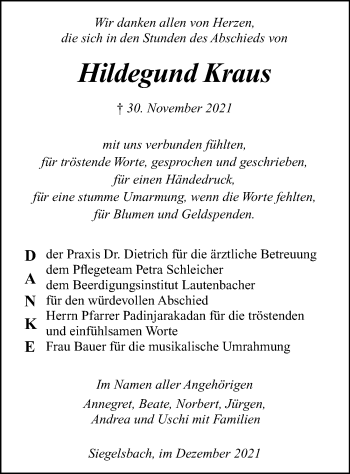 Traueranzeige von Hildegund Kraus von GESAMT