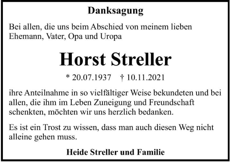  Traueranzeige für Horst Streller vom 07.12.2021 aus GESAMT