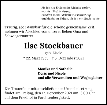 Traueranzeige von Ilse Stockbauer von GESAMT