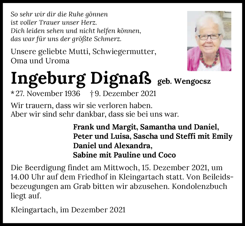  Traueranzeige für Ingeburg Dignaß vom 14.12.2021 aus GESAMT