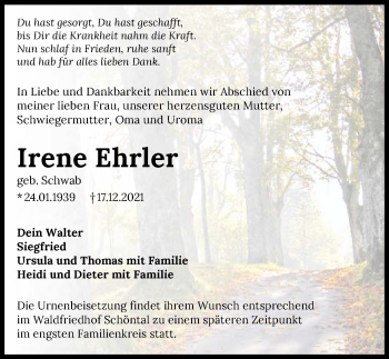 Traueranzeige von Irene Ehrler von GESAMT