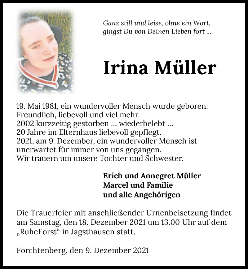  Traueranzeige für Irina Müller vom 14.12.2021 aus GESAMT