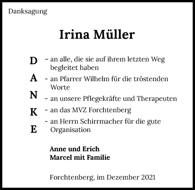  Traueranzeige für Irina Müller vom 30.12.2021 aus GESAMT