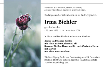 Traueranzeige von Irma Biehler von GESAMT