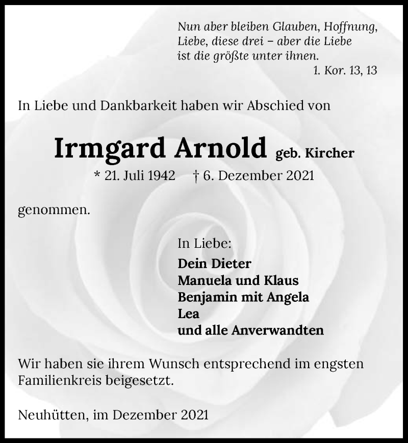  Traueranzeige für Irmgard Arnold vom 16.12.2021 aus GESAMT