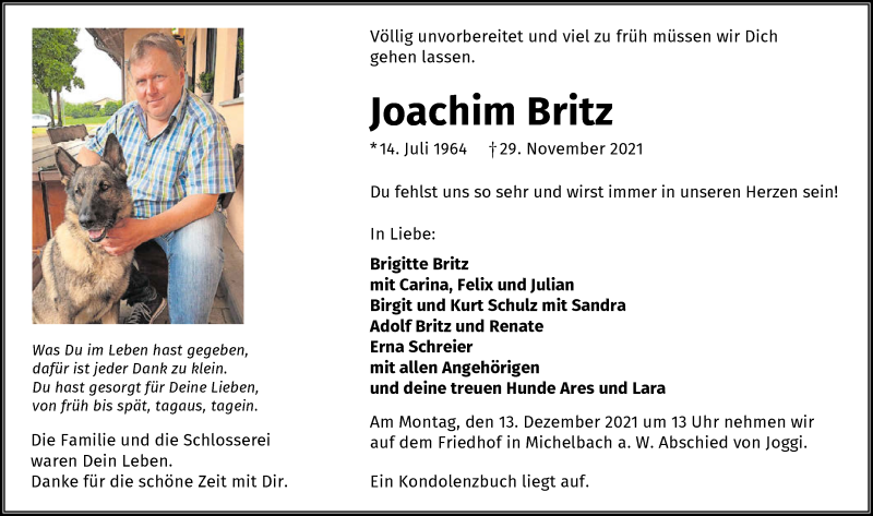  Traueranzeige für Joachim Britz vom 08.12.2021 aus GESAMT