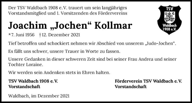  Traueranzeige für Joachim Kollmar vom 16.12.2021 aus GESAMT