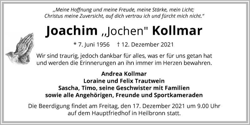  Traueranzeige für Joachim Kollmar vom 14.12.2021 aus GESAMT