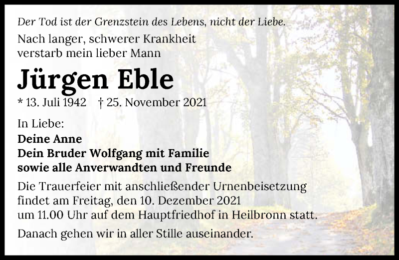  Traueranzeige für Jürgen Eble vom 04.12.2021 aus GESAMT
