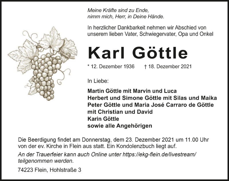  Traueranzeige für Karl Göttle vom 21.12.2021 aus GESAMT