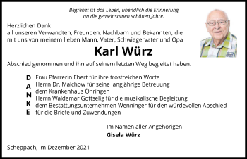 Traueranzeige von Karl Würz von GESAMT
