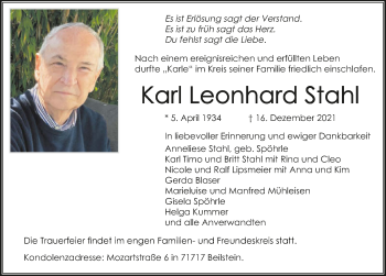 Traueranzeige von Karl Leopold Stahl von GESAMT