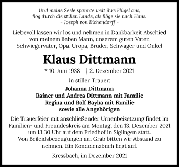 Traueranzeige von Klaus Dittmann von GESAMT