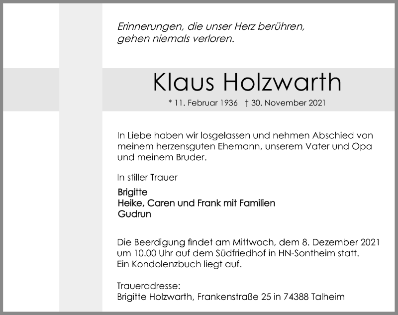  Traueranzeige für Klaus Holzwarth vom 04.12.2021 aus GESAMT