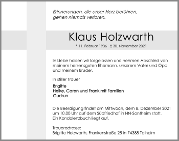 Traueranzeige von Klaus Holzwarth von GESAMT