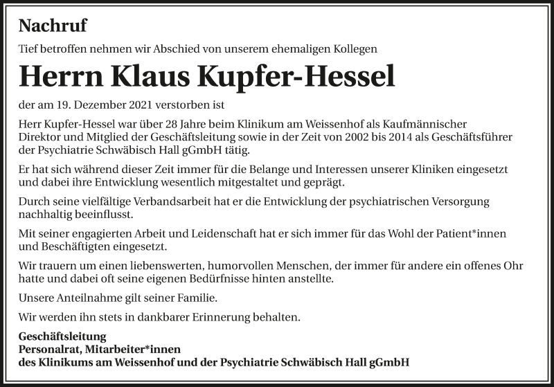  Traueranzeige für Klaus Kupfer-Hessel vom 31.12.2021 aus GESAMT