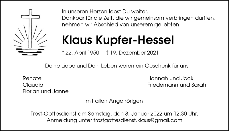  Traueranzeige für Klaus Kupfer-Hessel vom 29.12.2021 aus GESAMT