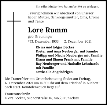 Traueranzeige von Lore Rumm von GESAMT