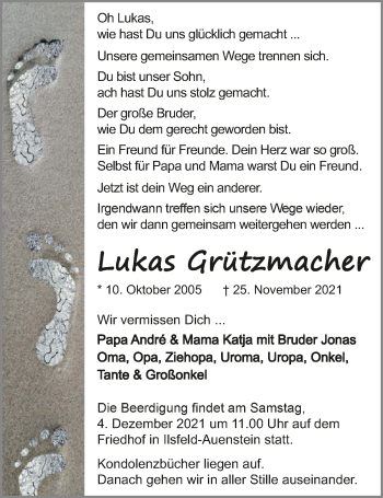Traueranzeige von Lukas Grützmacher von GESAMT