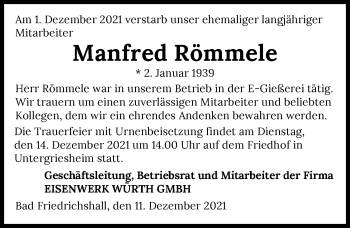 Traueranzeige von Manfred Römmele von GESAMT